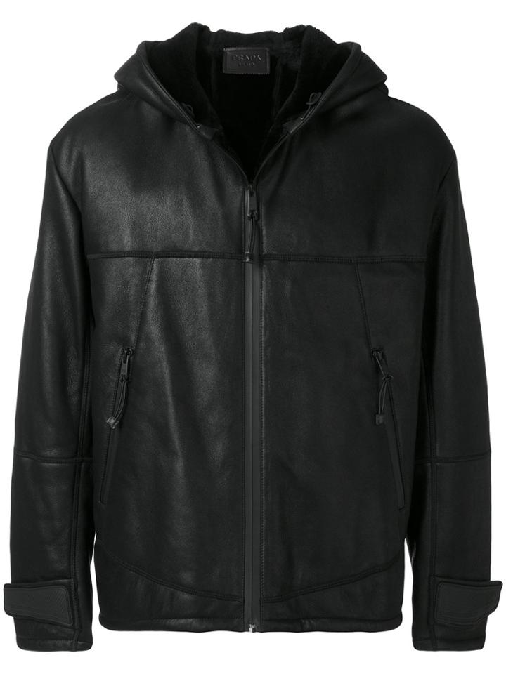 Prada Hooded Leather Coat With Shearling - Black