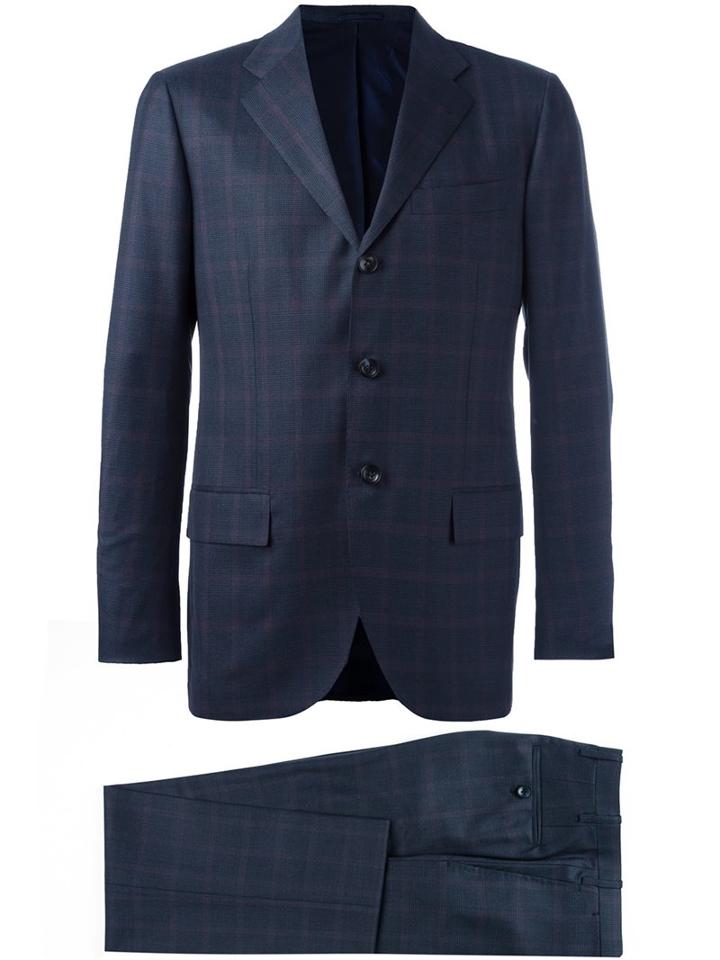 Kiton Plaid Tailored Suit, Men's, Size: 50, Blue, Wool
