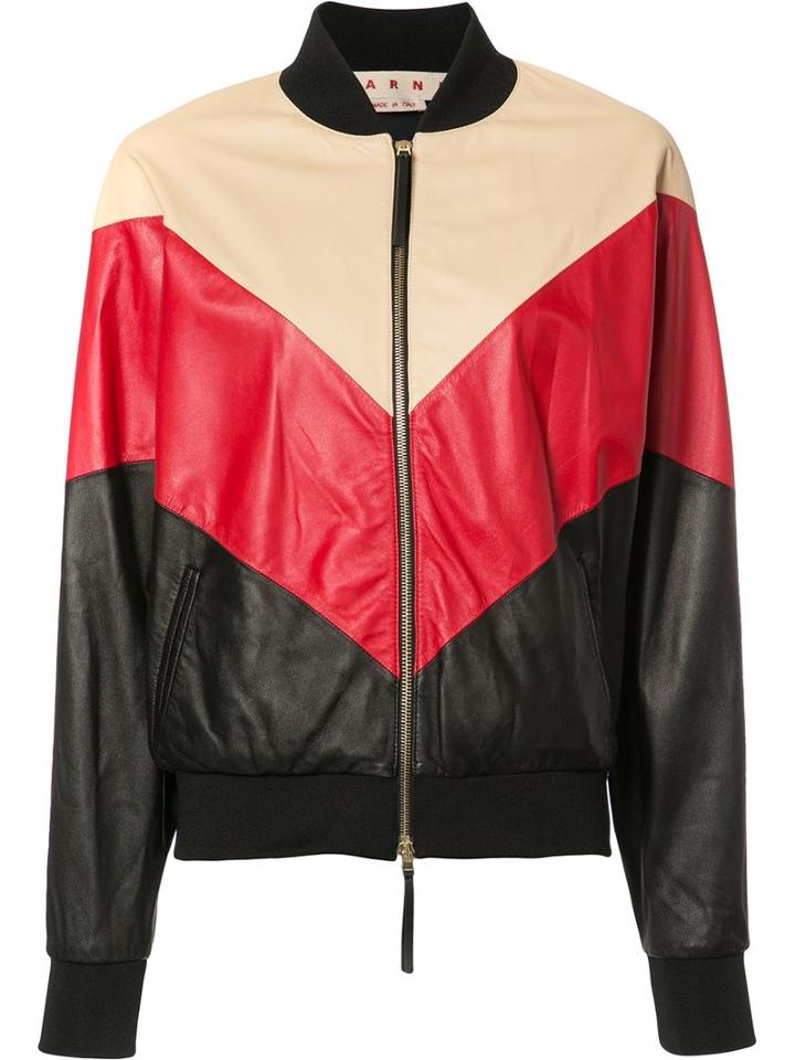 Marni Colour Block Bomber Jacket, Women's, Size: 40, Red, Silk/lamb Skin/polyester/spandex/elastane