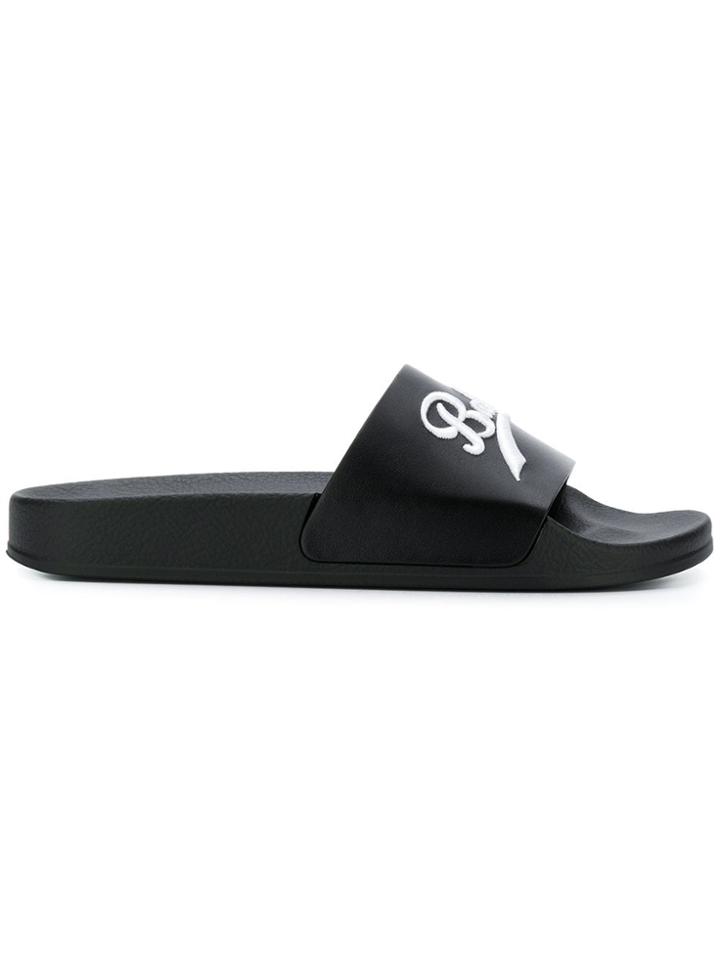Balmain Logo Embroidered Slides - Black