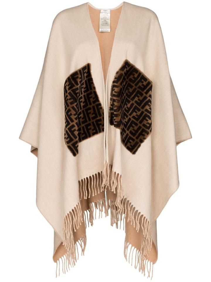 Fendi Fringed Logo Cashmere And Wool Poncho - Neutrals