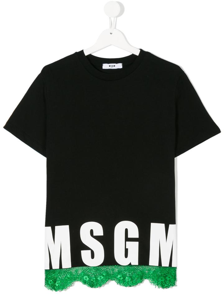 Msgm Kids Lace Hem Logo Print T-shirt - Black