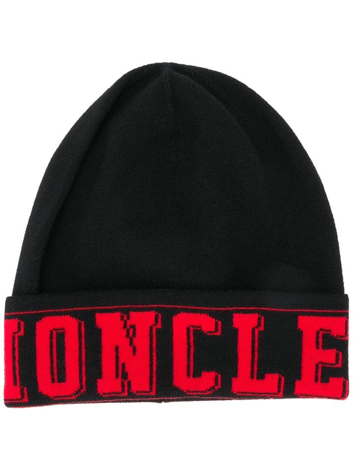Moncler Logo Trim Knitted Beanie - Black
