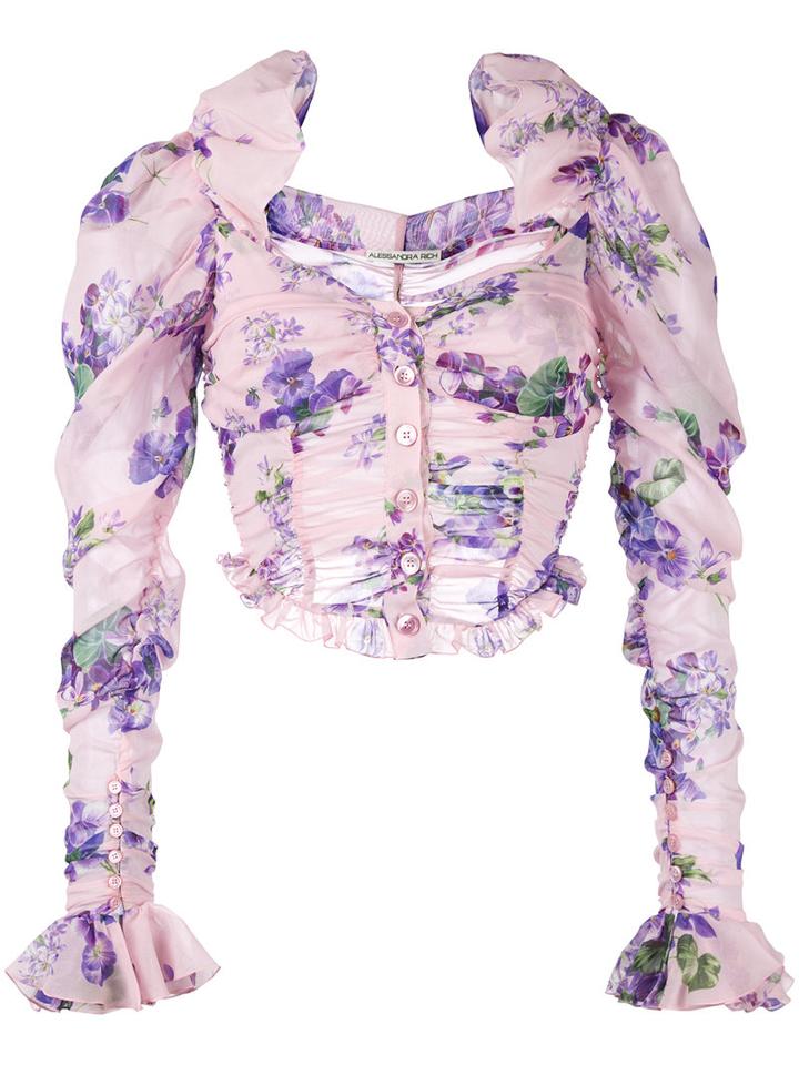 Alessandra Rich - Floral Print Cropped Blouse - Women - Silk/polyamide/spandex/elastane - 38, Women's, Pink/purple, Silk/polyamide/spandex/elastane
