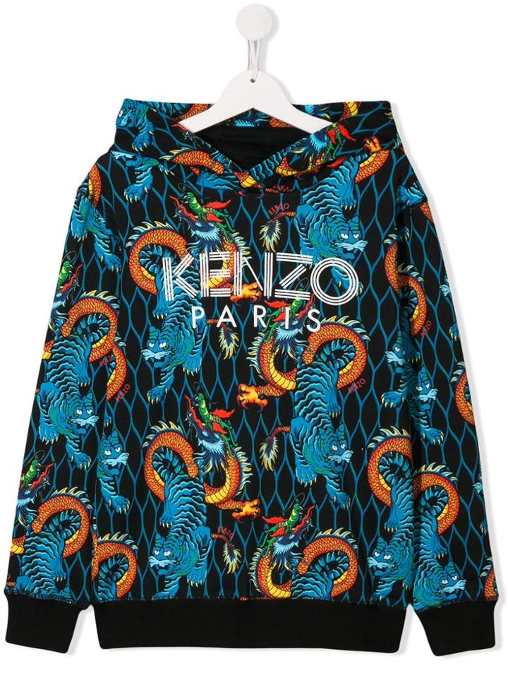Kenzo Kids Teen All-over Print Logo Hoodie - Black