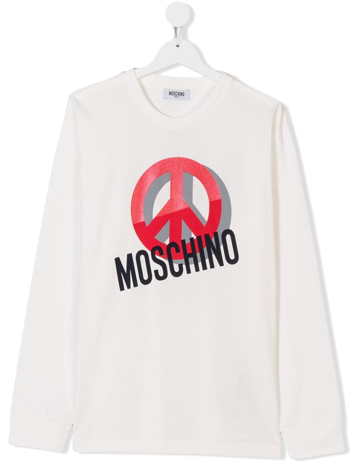 Moschino Kids Teen Peace Logo Print Top - White