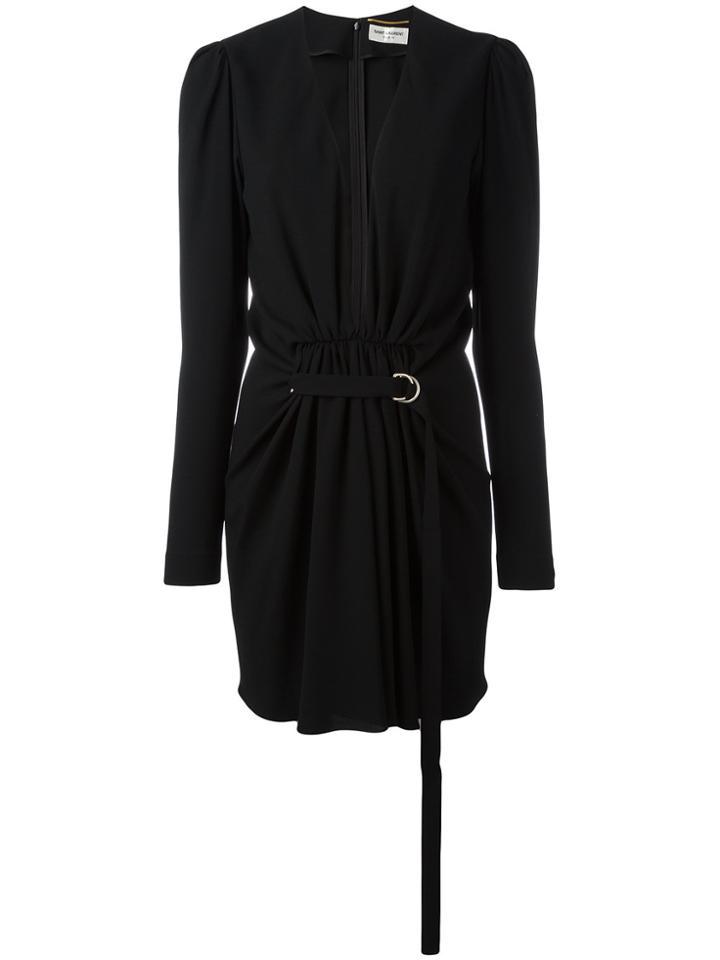 Saint Laurent Gathered V-neck Mini Dress - Black