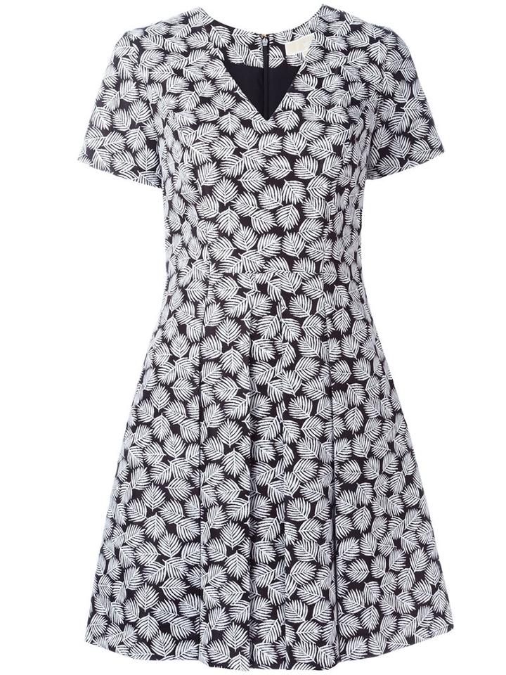 Michael Michael Kors Leaf Print Flared Dress, Women's, Size: 8, Black, Polyester/spandex/elastane/cotton
