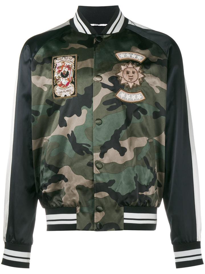 Valentino Patch Appliquéd Camouflage Bomber Jacket, Men's, Size: 48, Green, Viscose/cotton/polyester/cotton