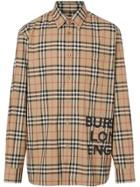 Burberry Logo Print Check Cotton Oversized Shirt - Neutrals