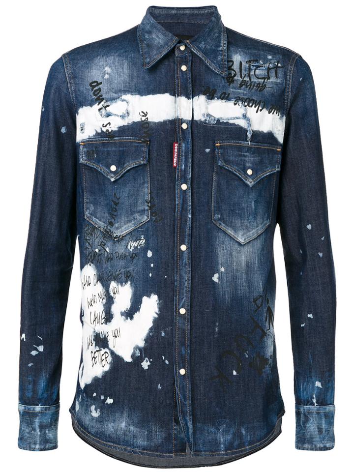 Dsquared2 Graffiti Paint Denim Shirt - Blue