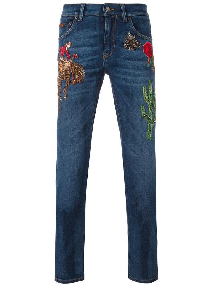 Dolce & Gabbana Western Patch Boyfriend Jeans, Men's, Size: 48, Blue, Cotton/spandex/elastane/calf Leather/polyester