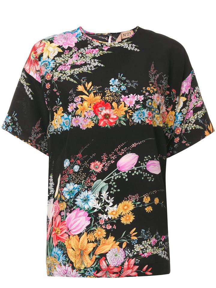 No21 - Printed Floral T-shirt - Women - Silk - 42, Black, Silk