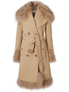 Burberry Shearling Trim Cotton Gabardine Belted Trench Coat - Neutrals
