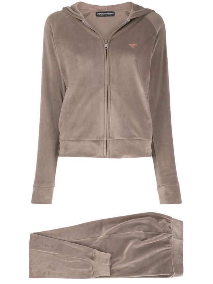 Emporio Armani Logo-plaque Hooded Track Jacket - Brown
