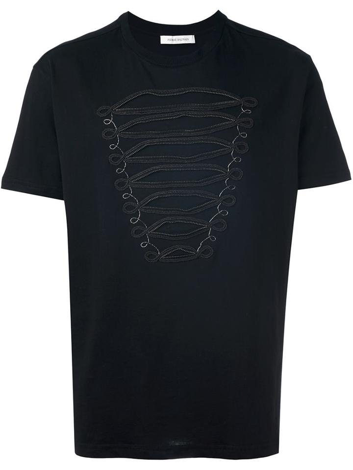 Pierre Balmain Embroidered Front T-shirt, Men's, Size: 50, Black, Cotton/metal