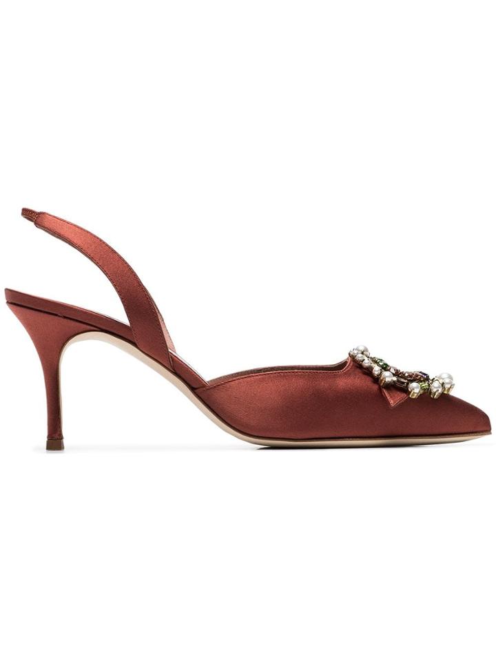 Manolo Blahnik Brown Slita 70 Silk Satin Jewelled Slingbacks