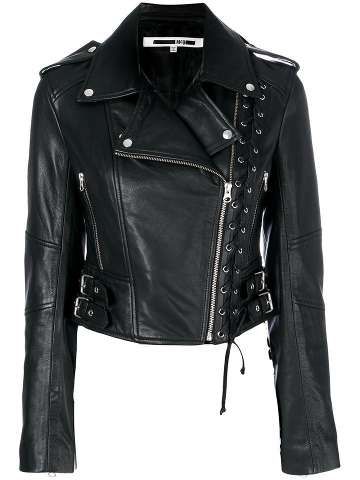 Mcq Alexander Mcqueen - Eyelet Biker Jacket - Women - Goat Skin/polyester - 38, Black, Goat Skin/polyester