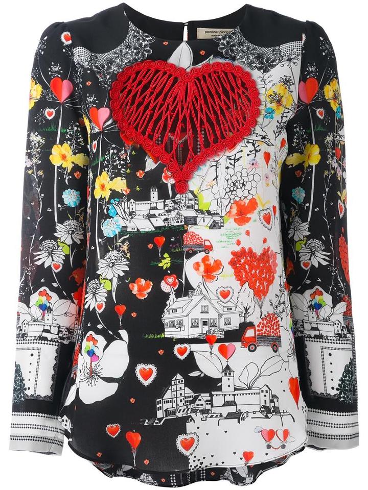 Piccione. Piccione Heart Print Blouse, Women's, Size: 38, Black, Merino/virgin Wool