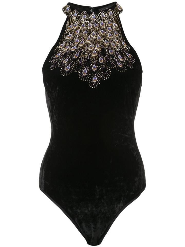 Josie Natori Peacock Beaded Bodysuit - Black