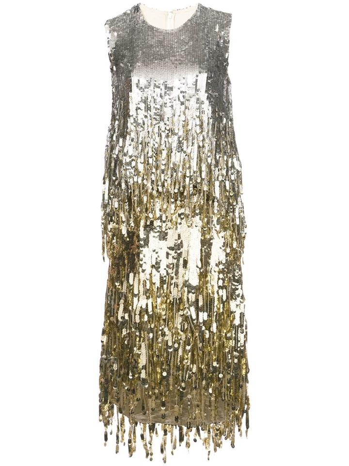 Oscar De La Renta Sleeveless Sequin Fringe Dress - Yellow & Orange
