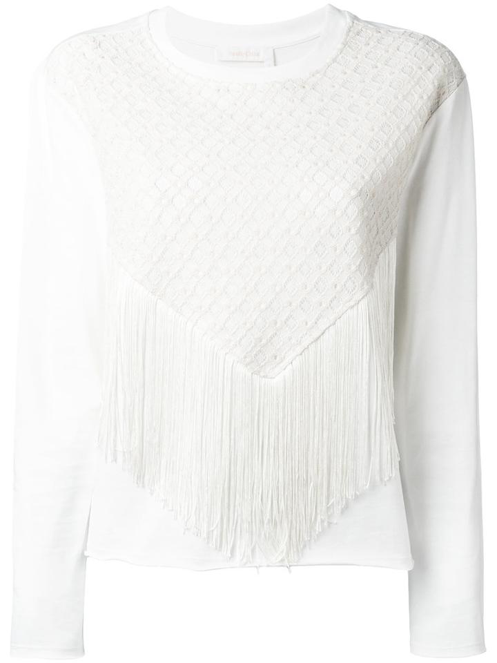 See By Chloé Fringed-front Sweater, Women's, Size: 40, White, Cotton/polyester