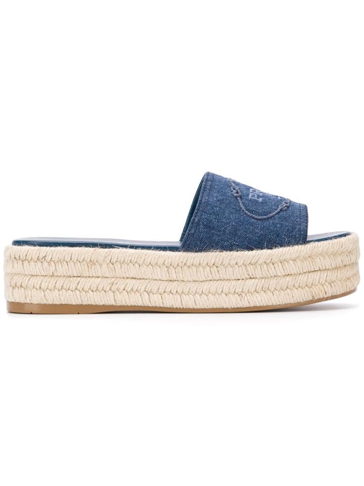 Prada Raffia Platform Slides - Blue