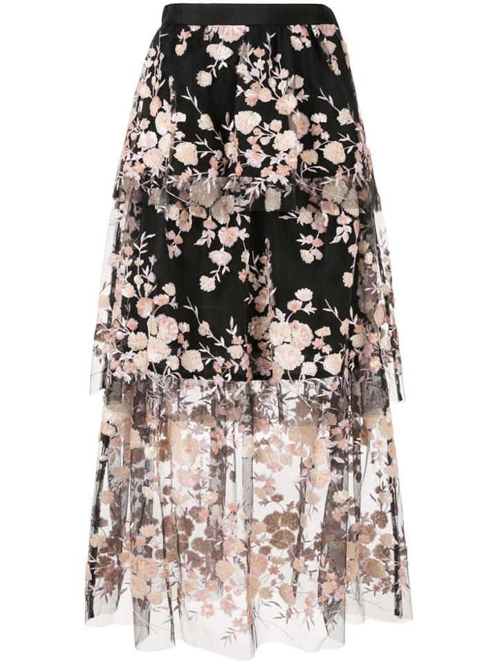 Self-portrait Floral Embroidered Layer Skirt - Black