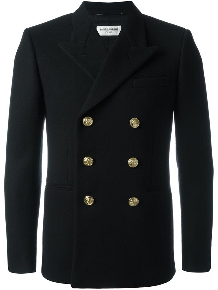 Saint Laurent Double Breasted Buttoned Jacket, Men's, Size: 46, Black, Silk/cotton/virgin Wool