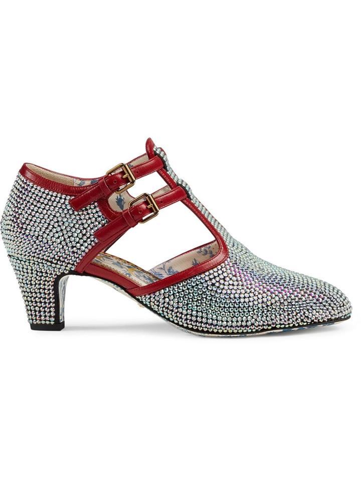 Gucci Crystal Mid-heel T-strap Pump - Silver