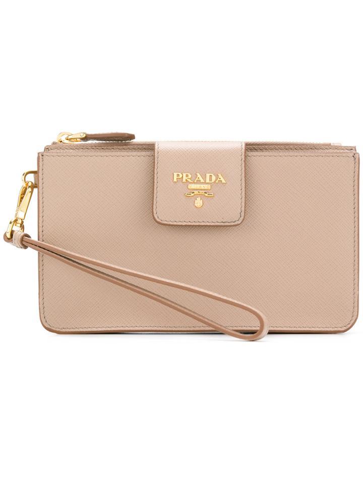 Prada Saffiano Zip Purse - Nude & Neutrals