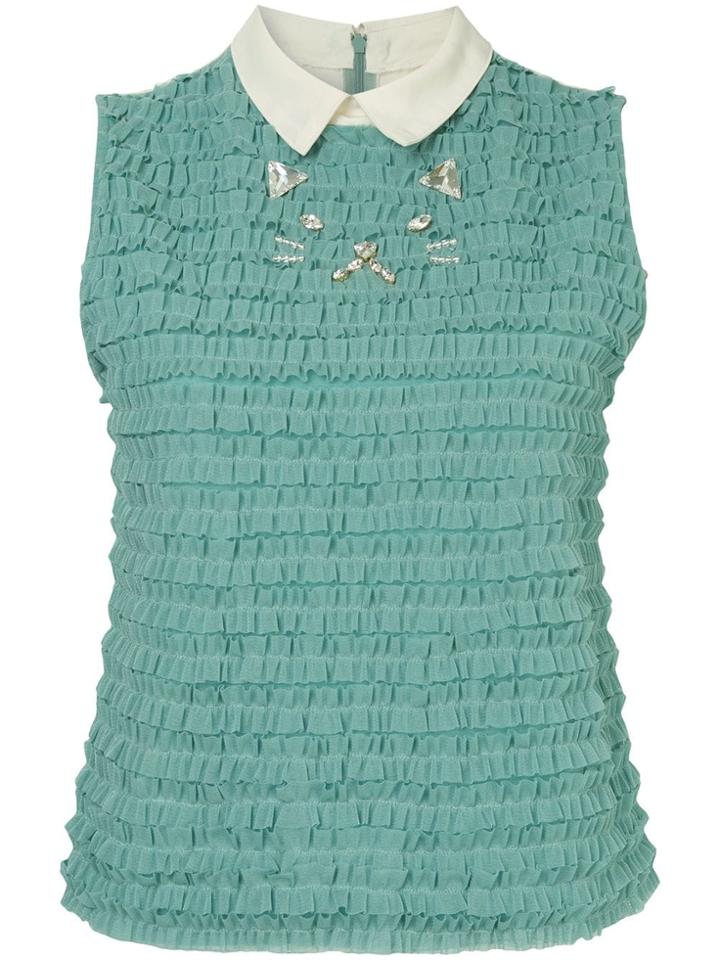 Tu Es Mon Trésor Cat Mesh Frill Top - Green