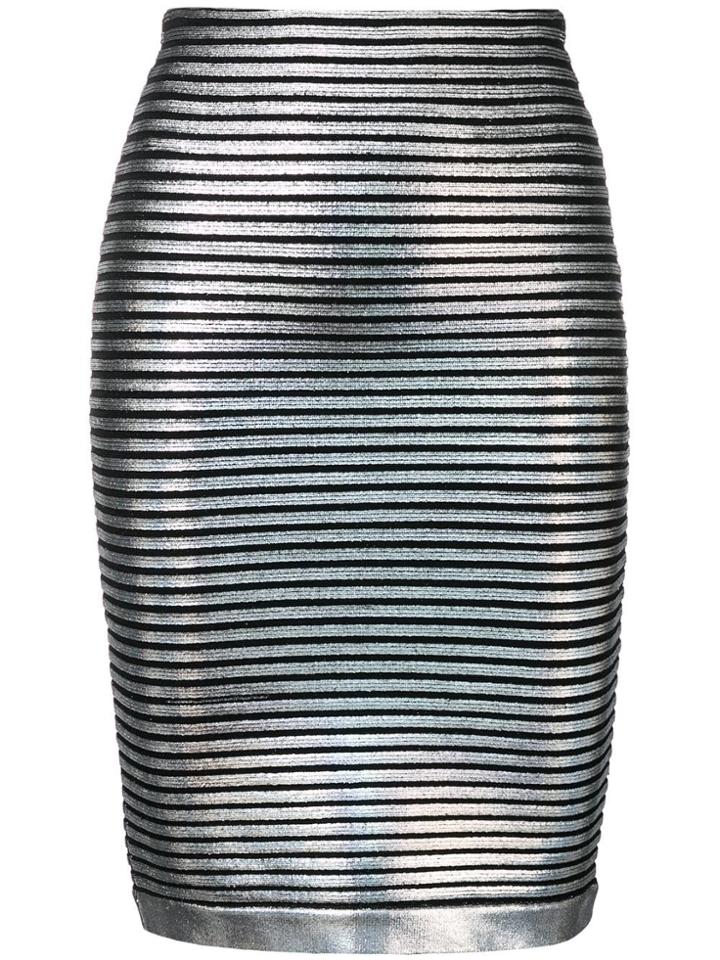 Balmain Striped Hologramme Pencil Skirt - Silver