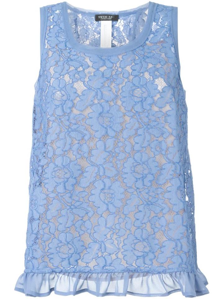 Twin-set Floral Lace Tank Top, Women's, Size: L, Blue, Polyester/polyamide/viscose