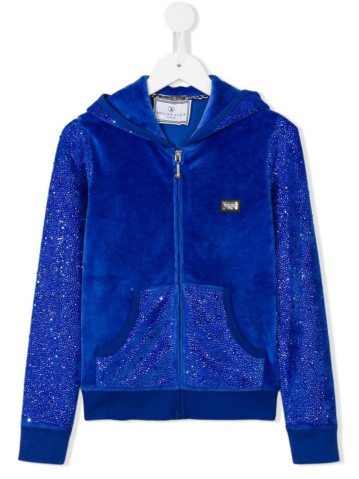 Philipp Plein Kids Rhinestone Embellished Velvet Hoodie, Girl's, Size: 10 Yrs, Blue
