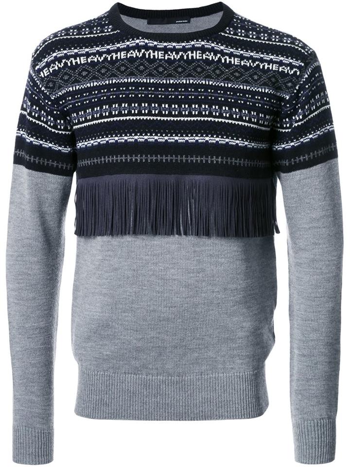 Yoshio Kubo Fringe Detail Embroidered Sweater, Men's, Size: 2, Grey, Nylon/polyester/wool