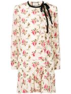 Gucci Floral Print Frill Trim Dress - Nude & Neutrals