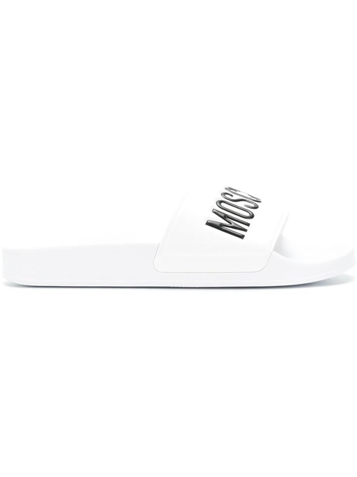 Moschino Logo Print Sliders - White