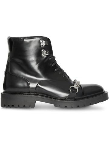 Burberry Link Detail Leather Lace-up Ankle Boots - Black