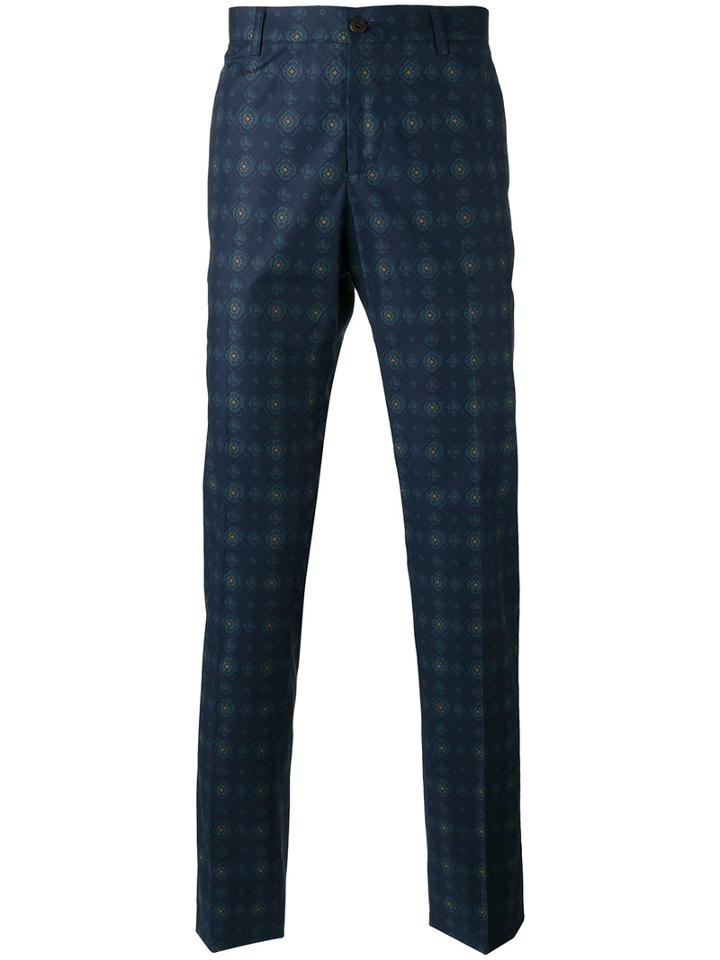 Etro Arabesque Print Trousers, Men's, Size: 52, Blue, Cotton/spandex/elastane