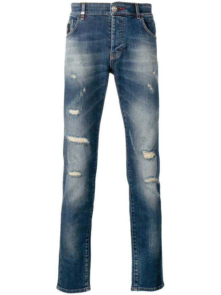 Philipp Plein Distressed Slim Fit Jeans, Men's, Size: 33, Blue, Cotton/spandex/elastane