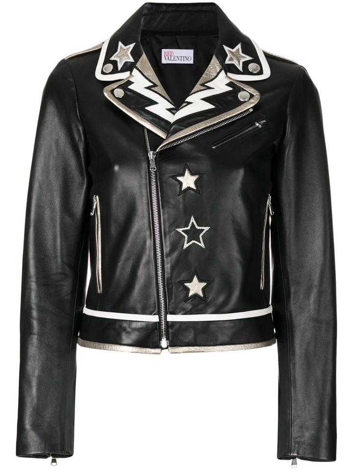 Red Valentino - Patched Stars Biker Jacket - Women - Cotton/lamb Skin/polyester/metallic Fibre - 42, Black, Cotton/lamb Skin/polyester/metallic Fibre