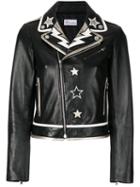 Red Valentino - Patched Stars Biker Jacket - Women - Cotton/lamb Skin/polyester/metallic Fibre - 42, Black, Cotton/lamb Skin/polyester/metallic Fibre