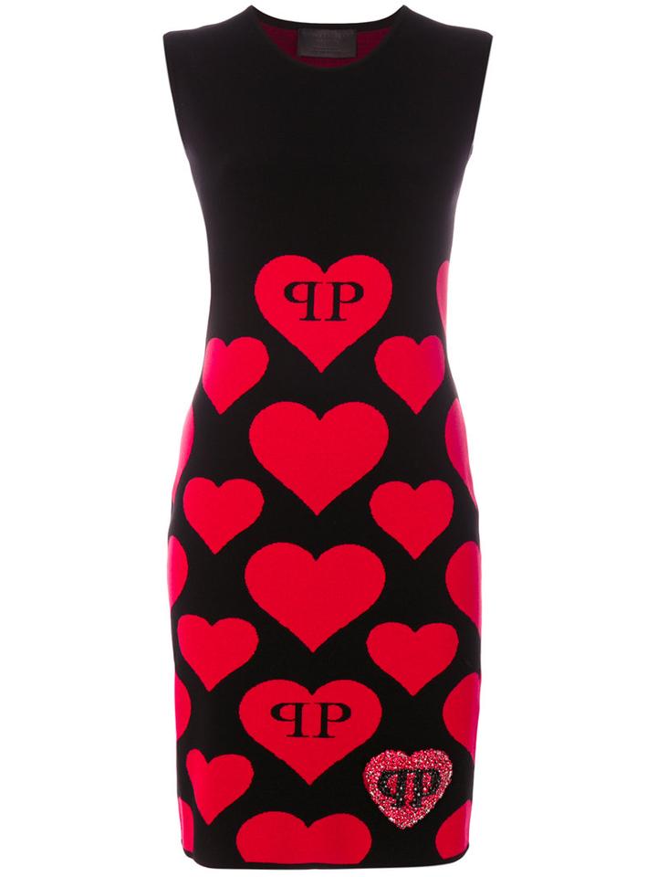 Philipp Plein - Heart Print Dress - Women - Polyester/viscose - Xs, Black, Polyester/viscose