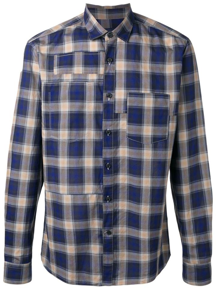 Lanvin Topstitched Patchwork Checked Shirt - Blue
