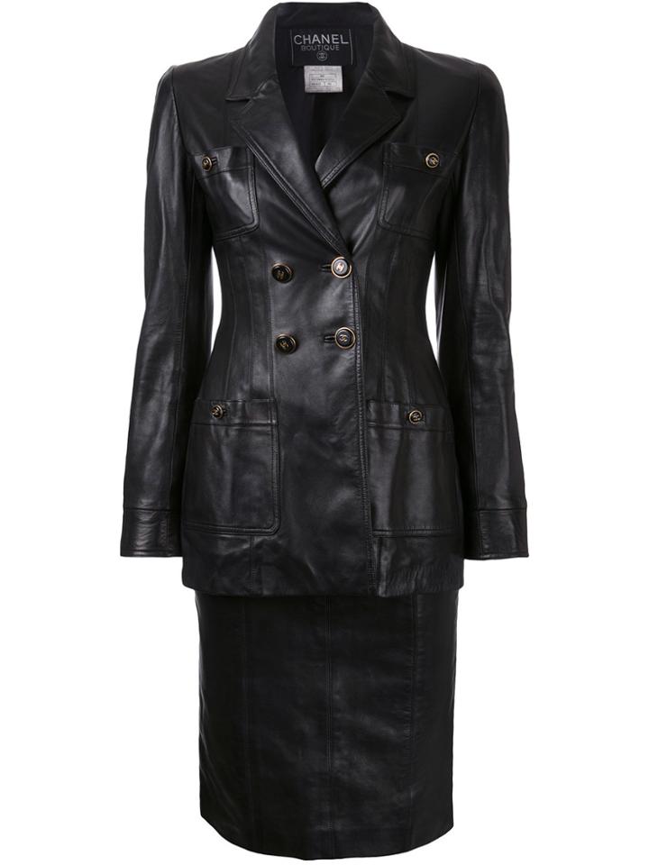Chanel Vintage Cc Button Setup Jacket Skirt Suit - Black