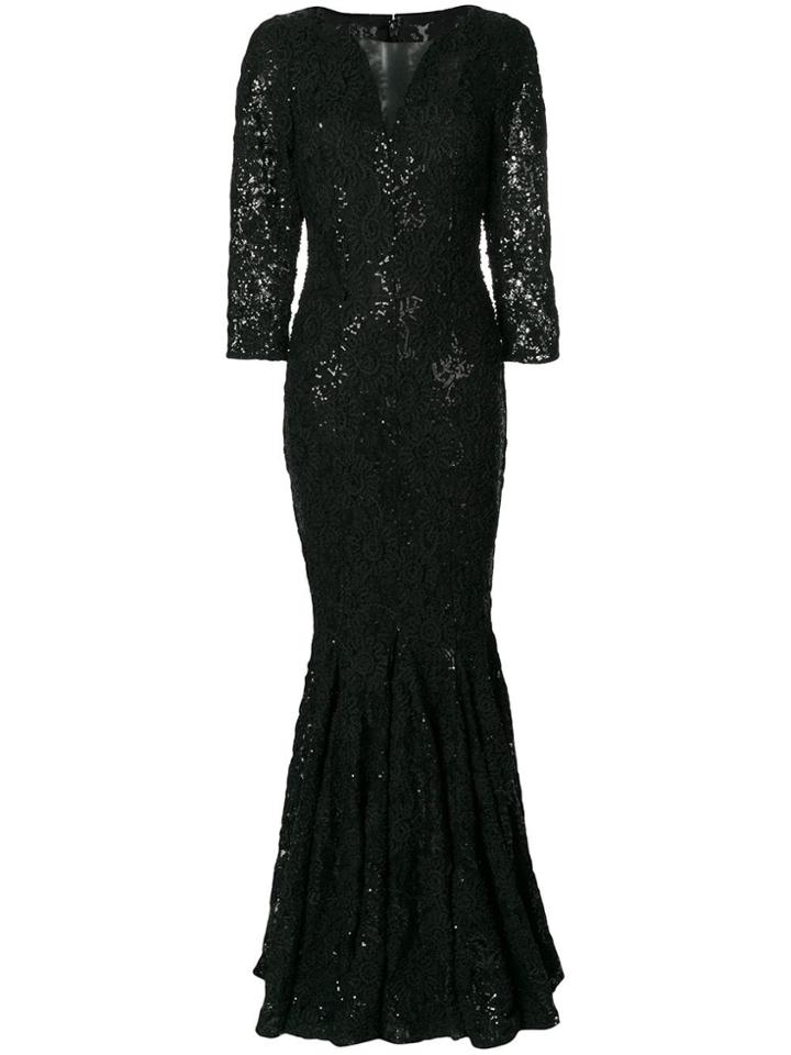 Talbot Runhof Long Crochet V-neck Dress - Black