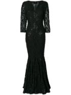 Talbot Runhof Long Crochet V-neck Dress - Black