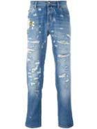 Dolce & Gabbana Flower Embroidered Jeans, Men's, Size: 48, Blue, Cotton/viscose/polyamide
