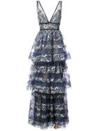 Marchesa Notte Embroidered Tiered Ruffled Gown - Blue